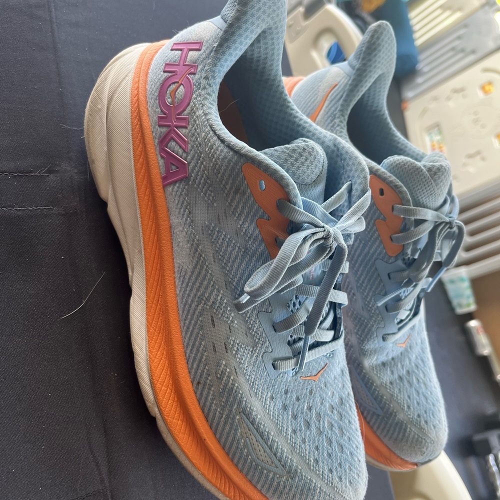 HOKA Sky Blue and Vibrant Orange Sneakers